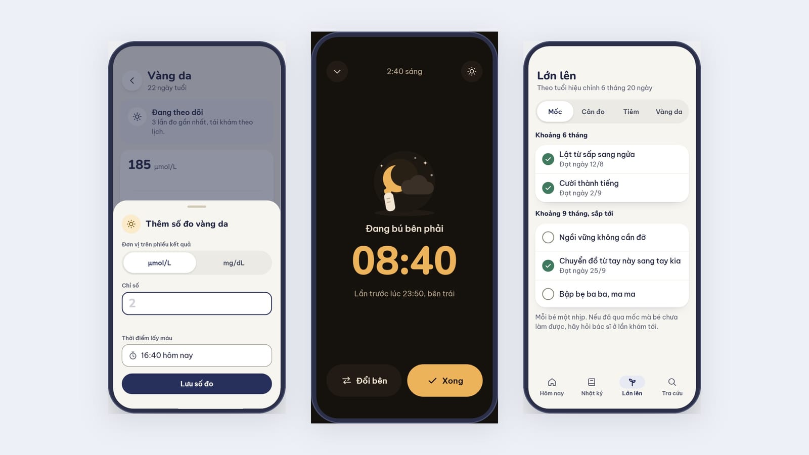Three phone screens: jaundice level tracking, a night-mode feeding timer, and a developmental milestone checklist