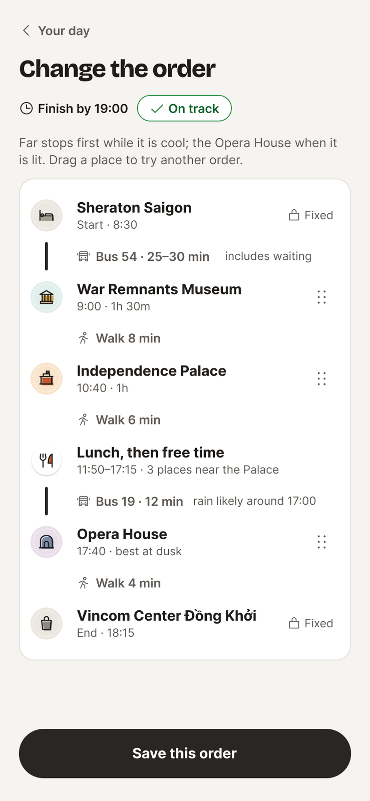 Change the order: the stops as a list with fixed start and end
