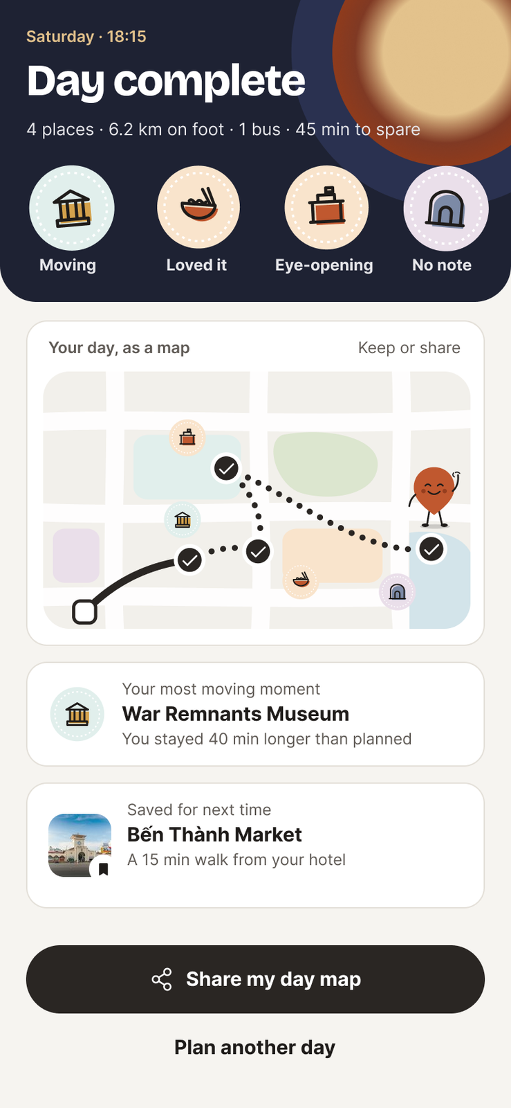 Day complete at night: the stamps she collected and the day drawn as a map
