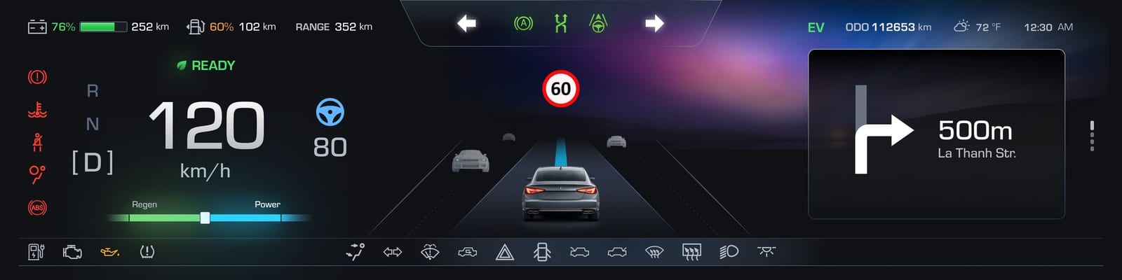 Ultra-wide instrument cluster: energy bar with battery, fuel and range across the top, red critical telltales down the left edge, speed 120 km/h, an ADAS lane view in the centre and a turn-by-turn widget on the right