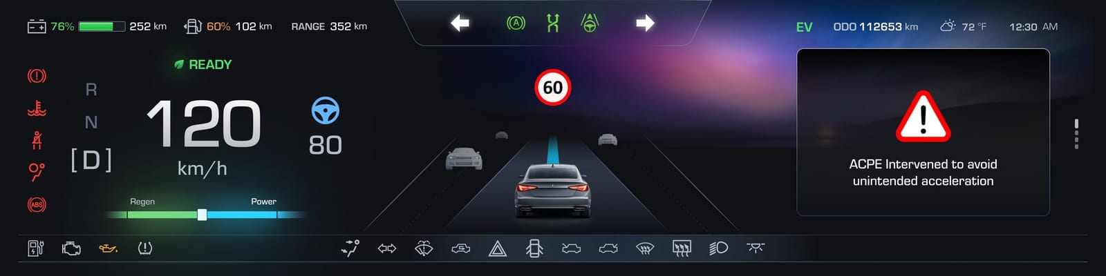 The same cluster with the right-hand widget switched to a safety warning