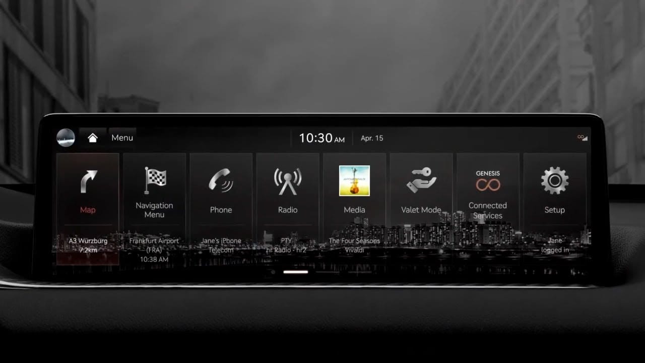 Genesis head-unit home screen with eight app tiles: map, navigation, phone, radio, media, valet mode, connected services and setup