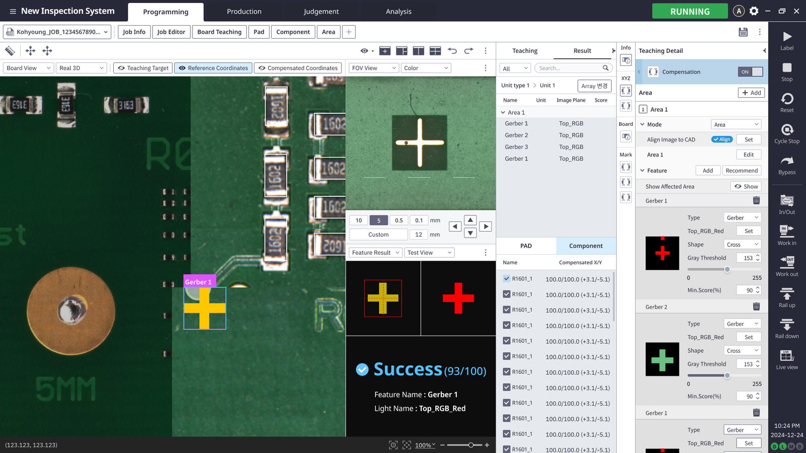 Programming/Teaching screen: board viewer with gerber features, component list, teaching detail settings, feature results